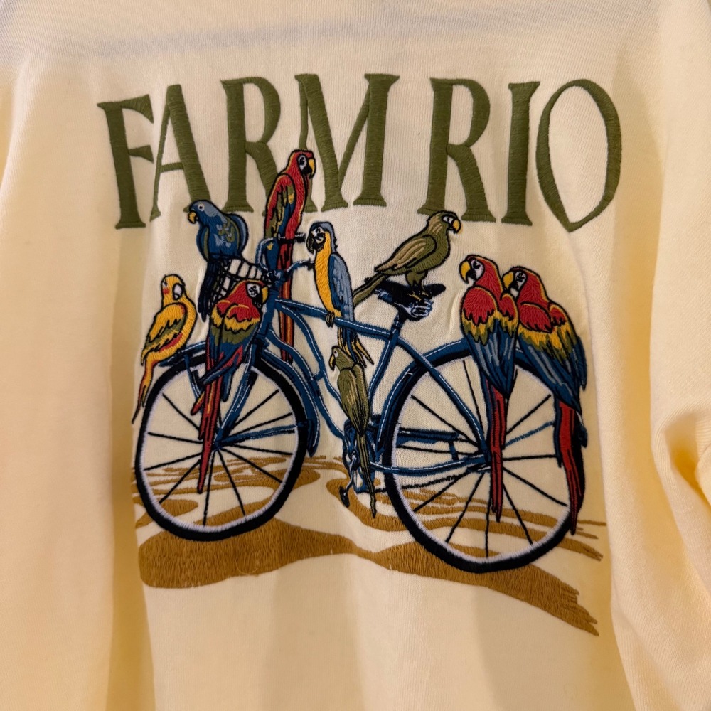 Farm Rio Yellow Birds Bicycle Embroidered Sweater Puff Sleeve Medium NEW - Picture 2 of 8